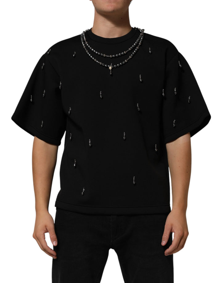 Dolce &amp; Gabbana Black Polyester Necklace Embellished T-shirt