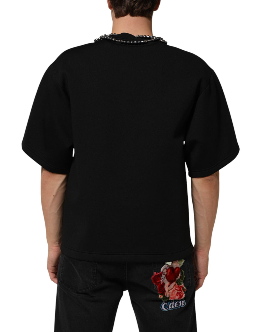 Dolce &amp; Gabbana Black Polyester Necklace Embellished T-shirt
