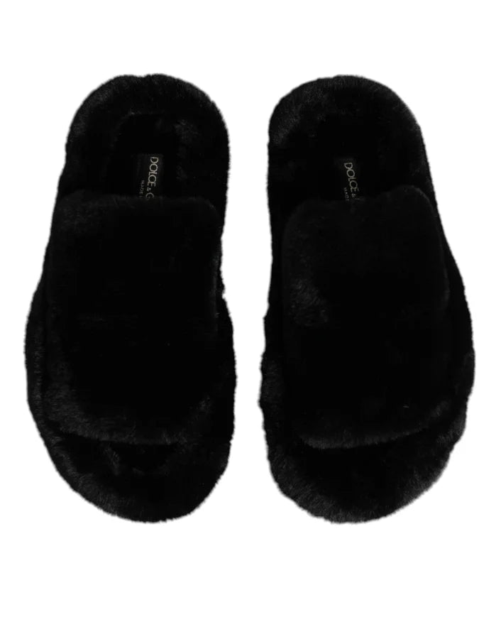Dolce &amp; Gabbana Black Polyester Velvet Slides Slipper Shoes