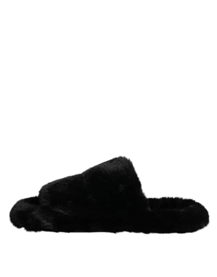 Dolce &amp; Gabbana Black Polyester Velvet Slides Slipper Shoes