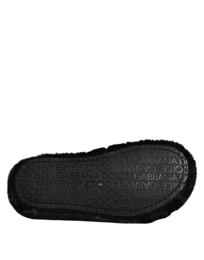 Dolce &amp; Gabbana Black Polyester Velvet Slides Slipper Shoes