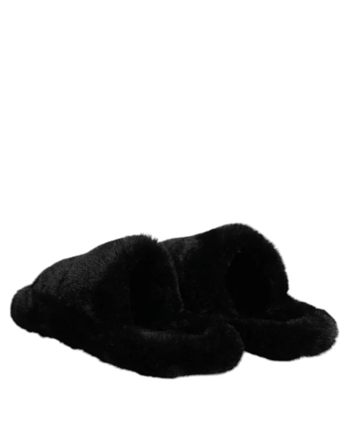 Dolce &amp; Gabbana Black Polyester Velvet Slides Slipper Shoes