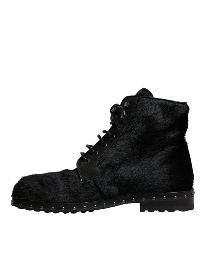 Dolce &amp; Gabbana Black Pony Style Leather Mid Calf Boots Shoes