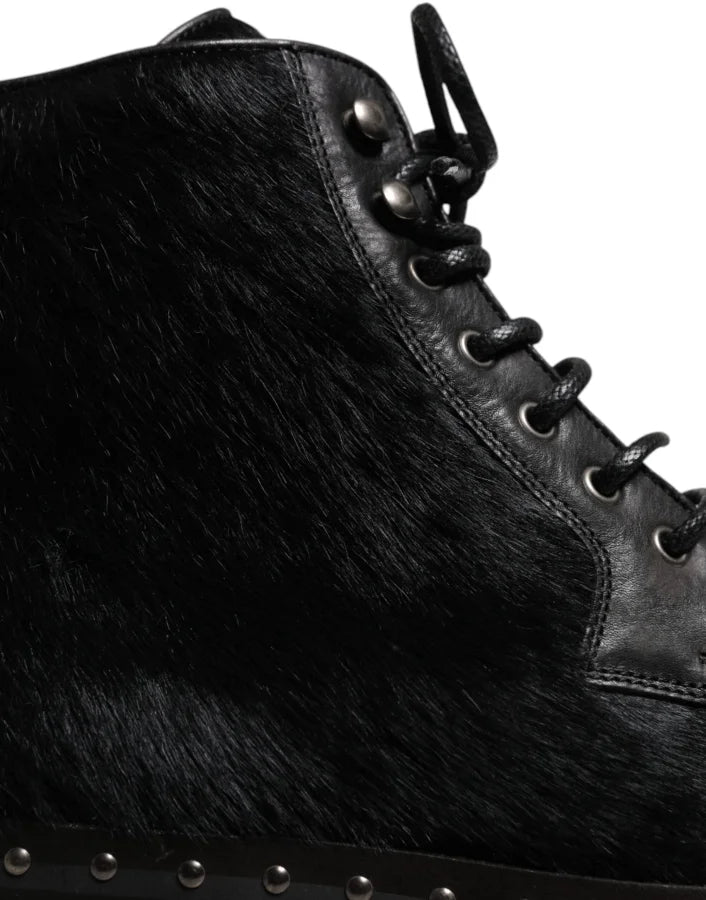 Dolce &amp; Gabbana Black Pony Style Leather Mid Calf Boots Shoes