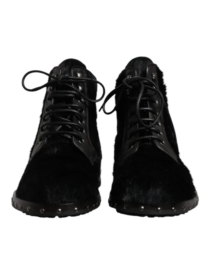 Dolce &amp; Gabbana Black Pony Style Leather Mid Calf Boots Shoes