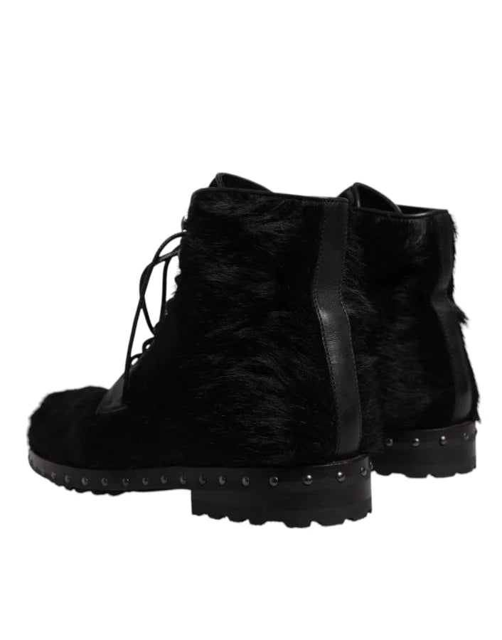 Dolce &amp; Gabbana Black Pony Style Leather Mid Calf Boots Shoes