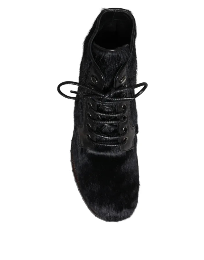 Dolce &amp; Gabbana Black Pony Style Leather Mid Calf Boots Shoes