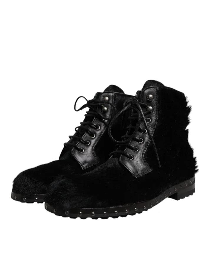 Dolce &amp; Gabbana Black Pony Style Leather Mid Calf Boots Shoes