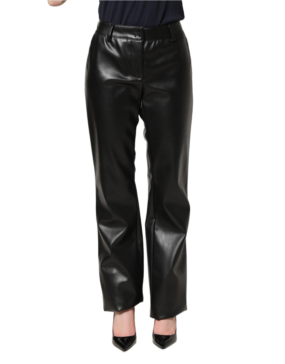 Dolce & Gabbana Black Pu Leather High Waisted Trouser Pants