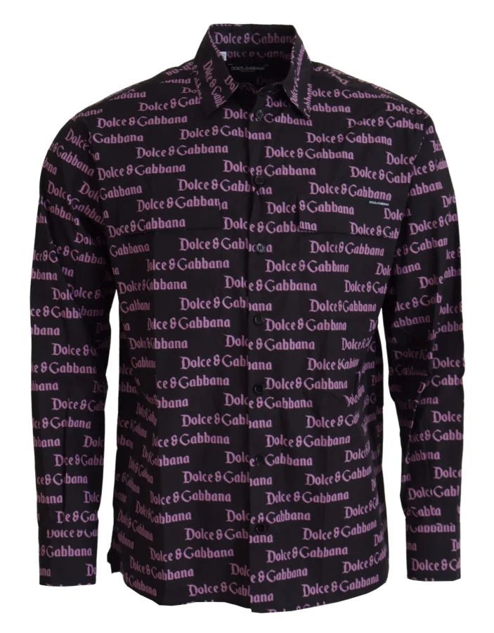 Dolce &amp; Gabbana Black Purple Logo Slim Dress Formal Shirt