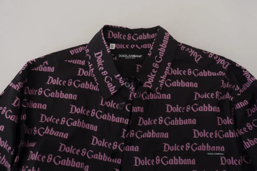 Dolce &amp; Gabbana Black Purple Logo Slim Dress Formal Shirt