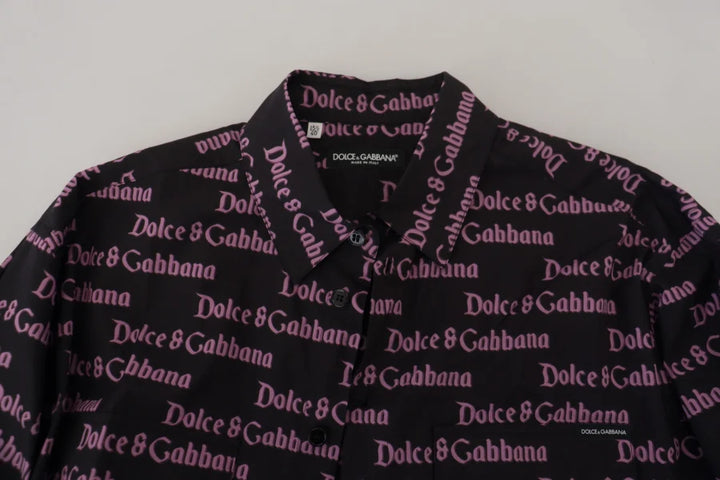Dolce &amp; Gabbana Black Purple Logo Slim Dress Formal Shirt