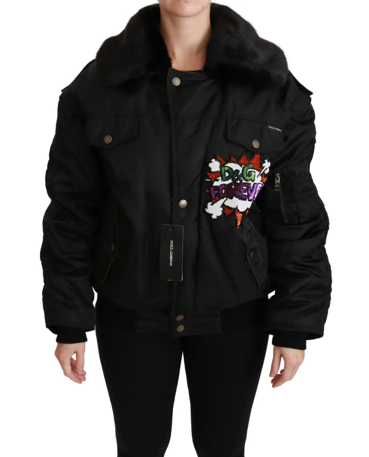 Dolce &amp; Gabbana Black Queen Crown Sequined Bomber Jacket