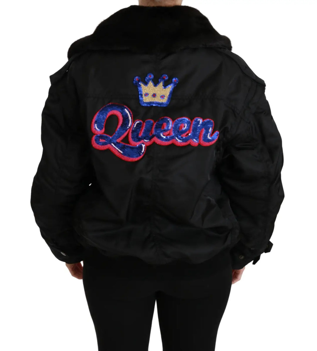 Dolce &amp; Gabbana Black Queen Crown Sequined Bomber Jacket