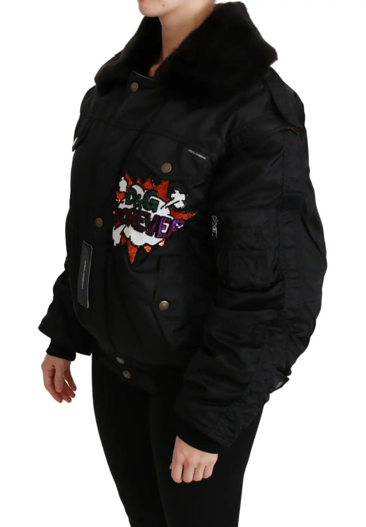 Dolce &amp; Gabbana Black Queen Crown Sequined Bomber Jacket