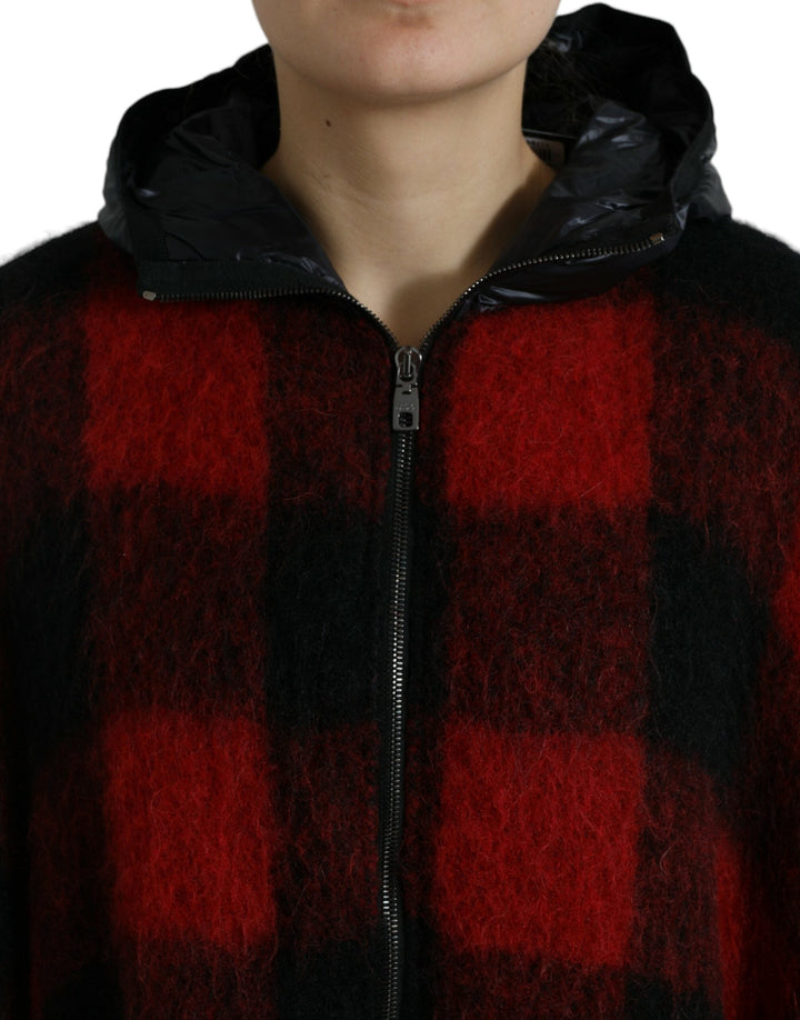 Dolce &amp; Gabbana Ponchos - Black Red Buffalo Check Hooded Poncho Jacket