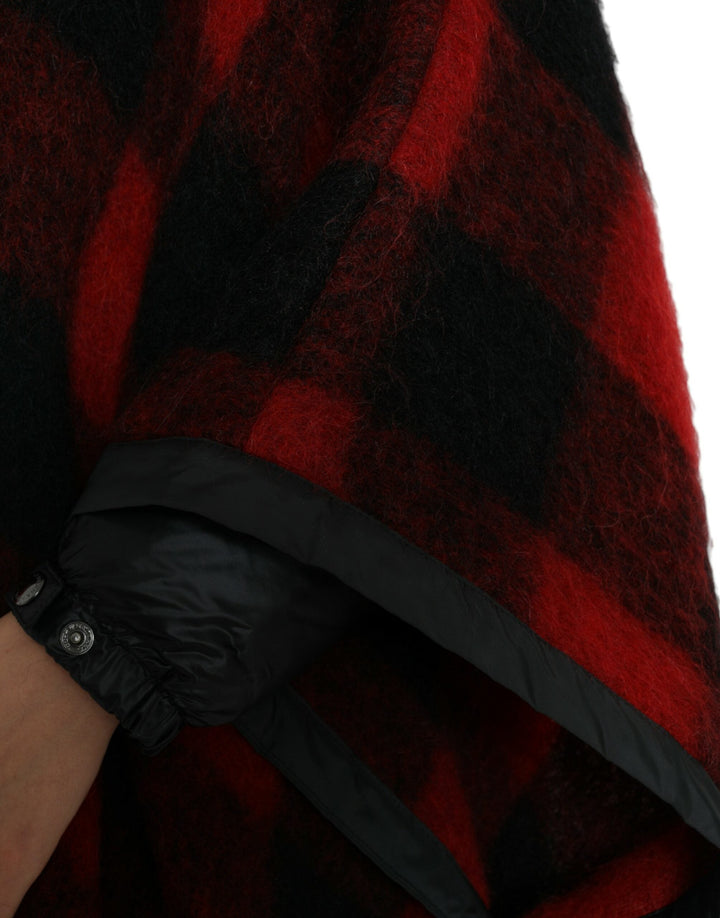 Dolce &amp; Gabbana Ponchos - Black Red Buffalo Check Hooded Poncho Jacket