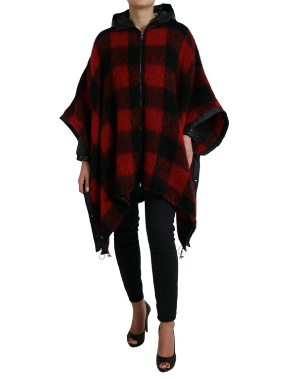 Dolce & Gabbana Ponchos - Black Red Buffalo Check Hooded Poncho Jacket