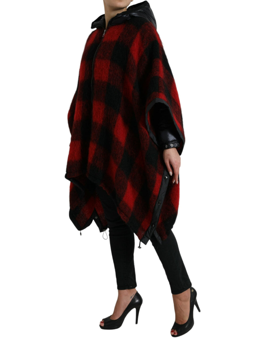 Dolce &amp; Gabbana Ponchos - Black Red Buffalo Check Hooded Poncho Jacket