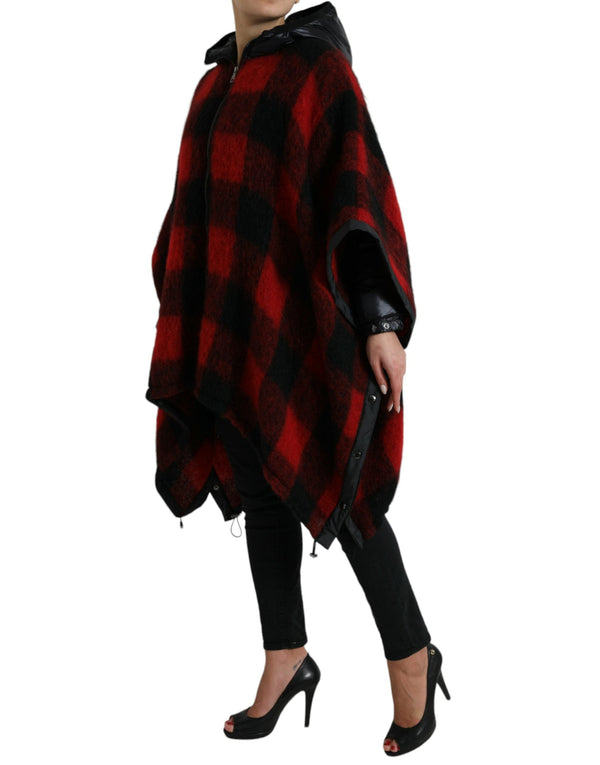 Dolce & Gabbana Ponchos - Black Red Buffalo Check Hooded Poncho Jacket
