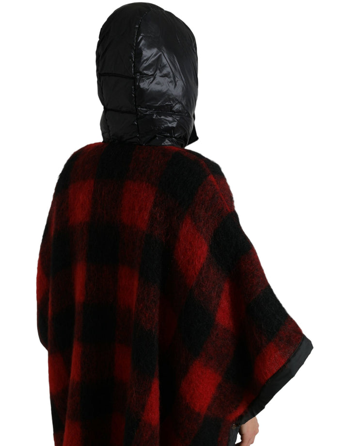 Dolce &amp; Gabbana Ponchos - Black Red Buffalo Check Hooded Poncho Jacket