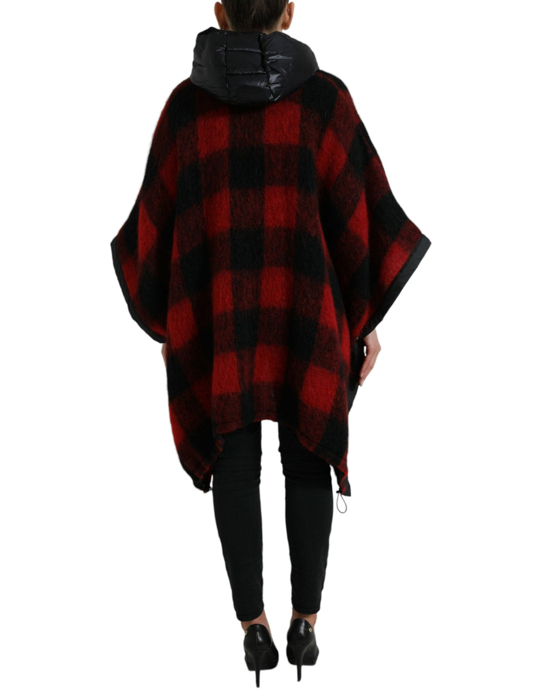Dolce &amp; Gabbana Ponchos - Black Red Buffalo Check Hooded Poncho Jacket