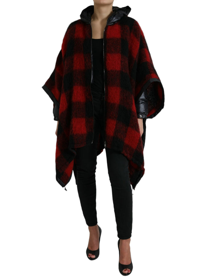 Dolce &amp; Gabbana Ponchos - Black Red Buffalo Check Hooded Poncho Jacket
