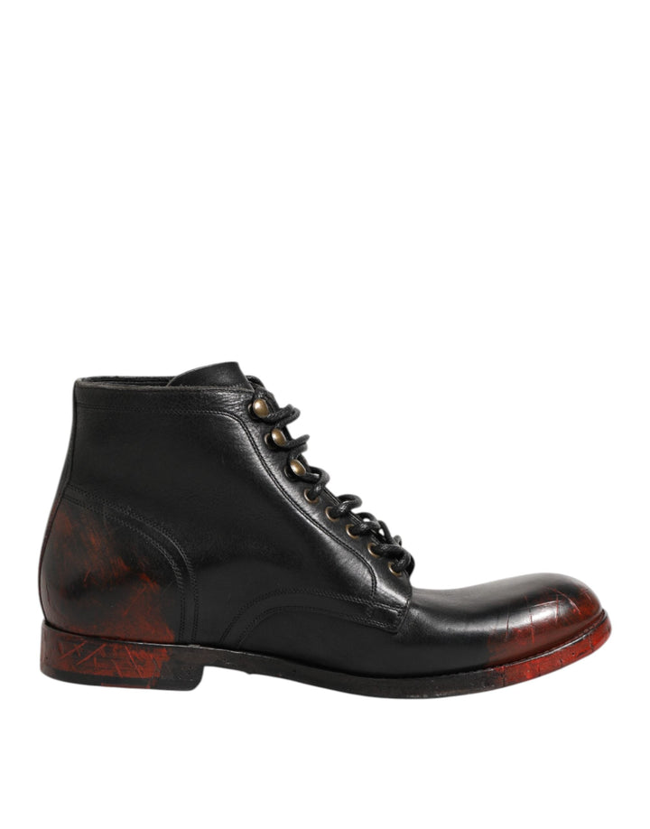 Dolce &amp; Gabbana Black Red Lace Up Short Ankle Boot Shoes