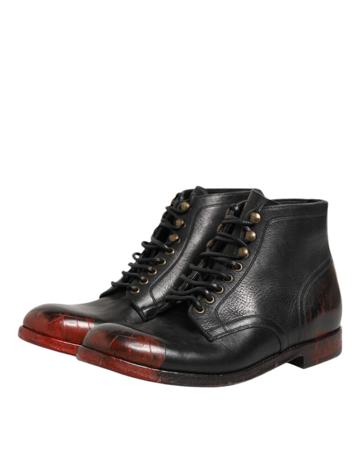 Dolce &amp; Gabbana Black Red Lace Up Short Ankle Boot Shoes