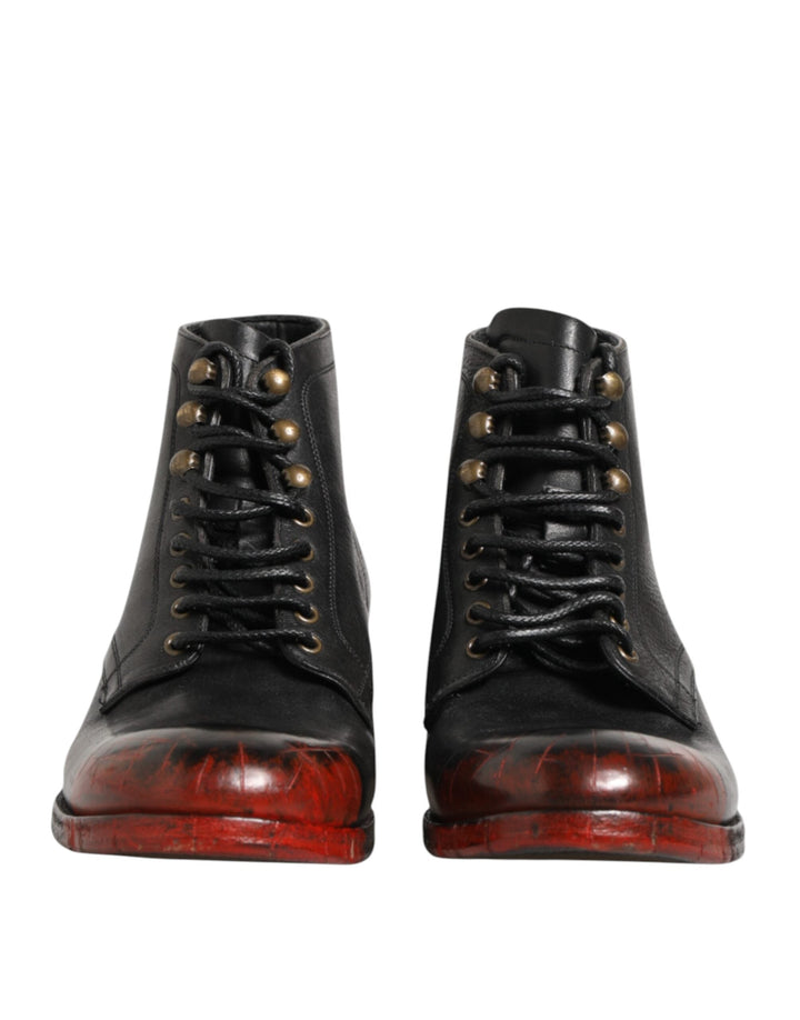Dolce &amp; Gabbana Black Red Lace Up Short Ankle Boot Shoes