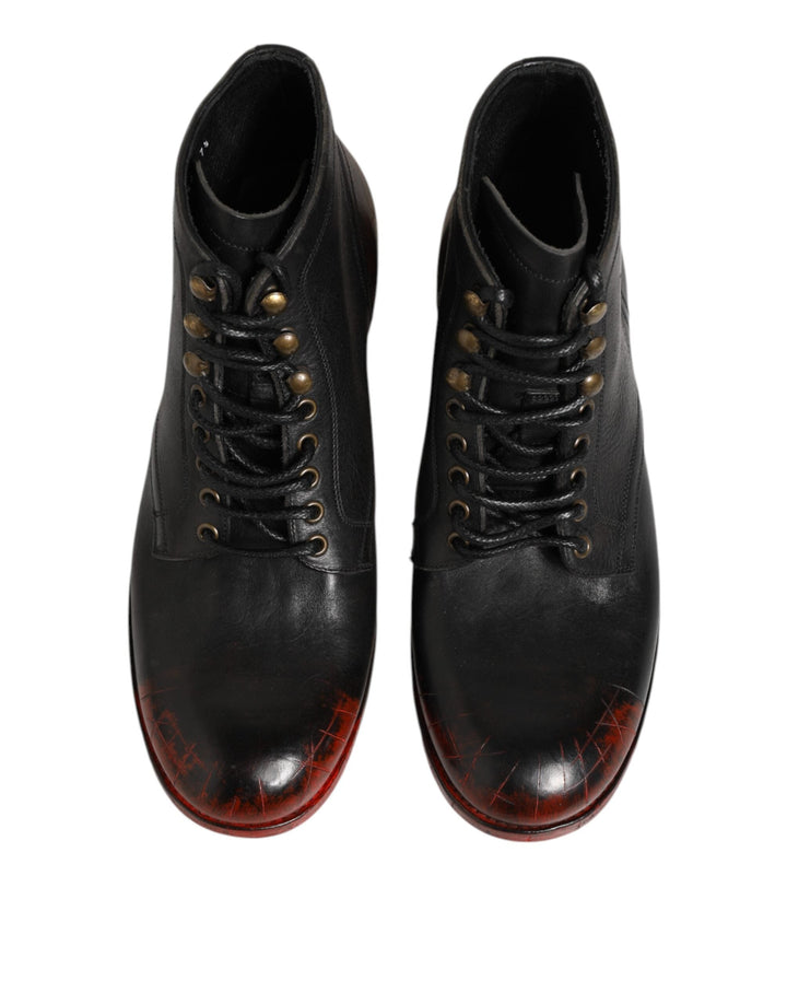 Dolce &amp; Gabbana Black Red Lace Up Short Ankle Boot Shoes