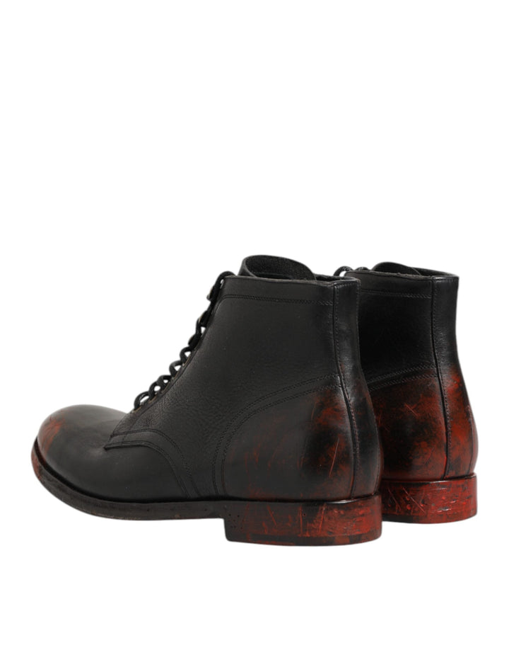 Dolce &amp; Gabbana Black Red Lace Up Short Ankle Boot Shoes