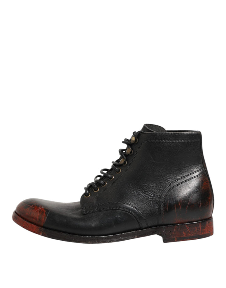Dolce &amp; Gabbana Black Red Lace Up Short Ankle Boot Shoes