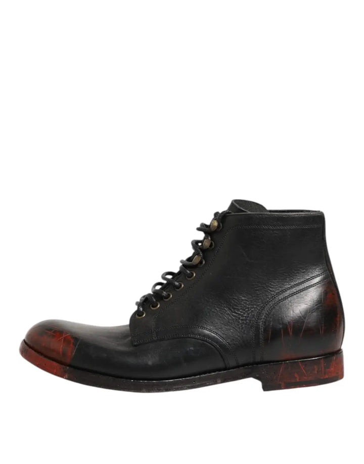 Dolce &amp; Gabbana Black Red Lace Up Short Ankle Boot Shoes