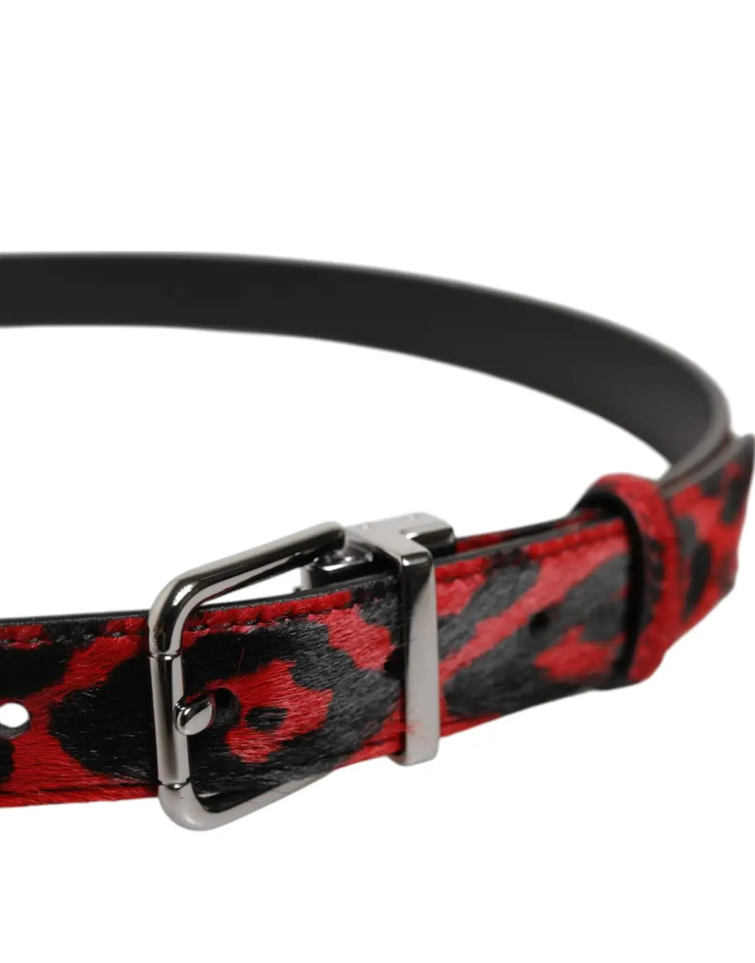 Dolce &amp; Gabbana Black Red Leopard Silver Metal Buckle Belt