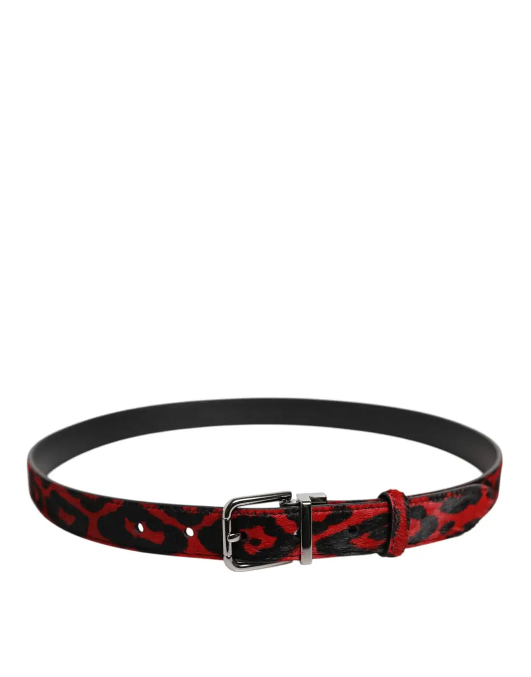 Dolce &amp; Gabbana Black Red Leopard Silver Metal Buckle Belt