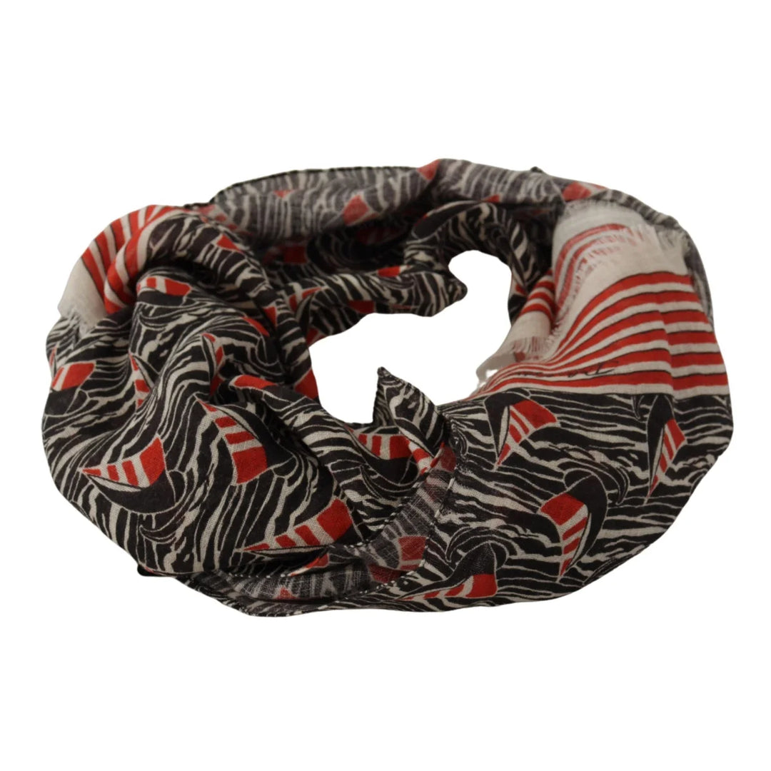 Dolce & Gabbana Black Red Linen Sailboat Stripe Print Shawl Scarf