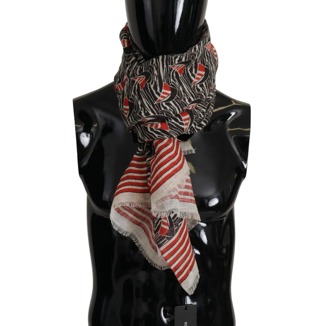 Dolce & Gabbana Black Red Linen Sailboat Stripe Print Shawl Scarf