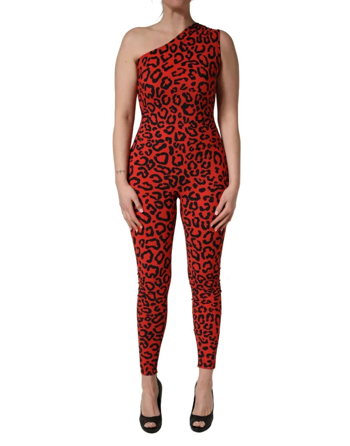Dolce &amp; Gabbana Black Red Nylon Leopard Pattern Jumpsuit