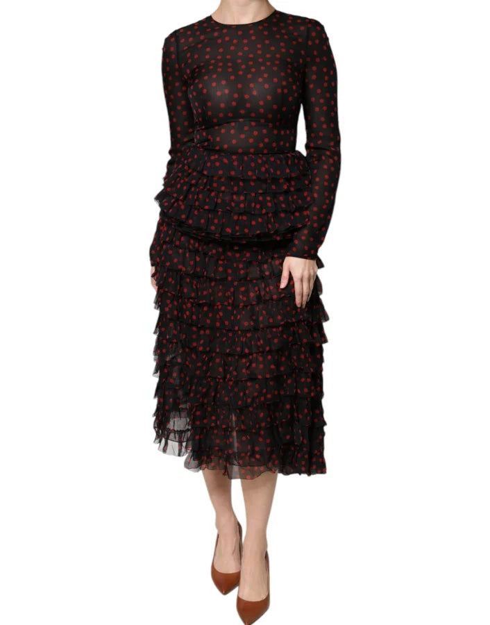 Dolce &amp; Gabbana Black Red Polka Dot Silk Layered Midi Dress