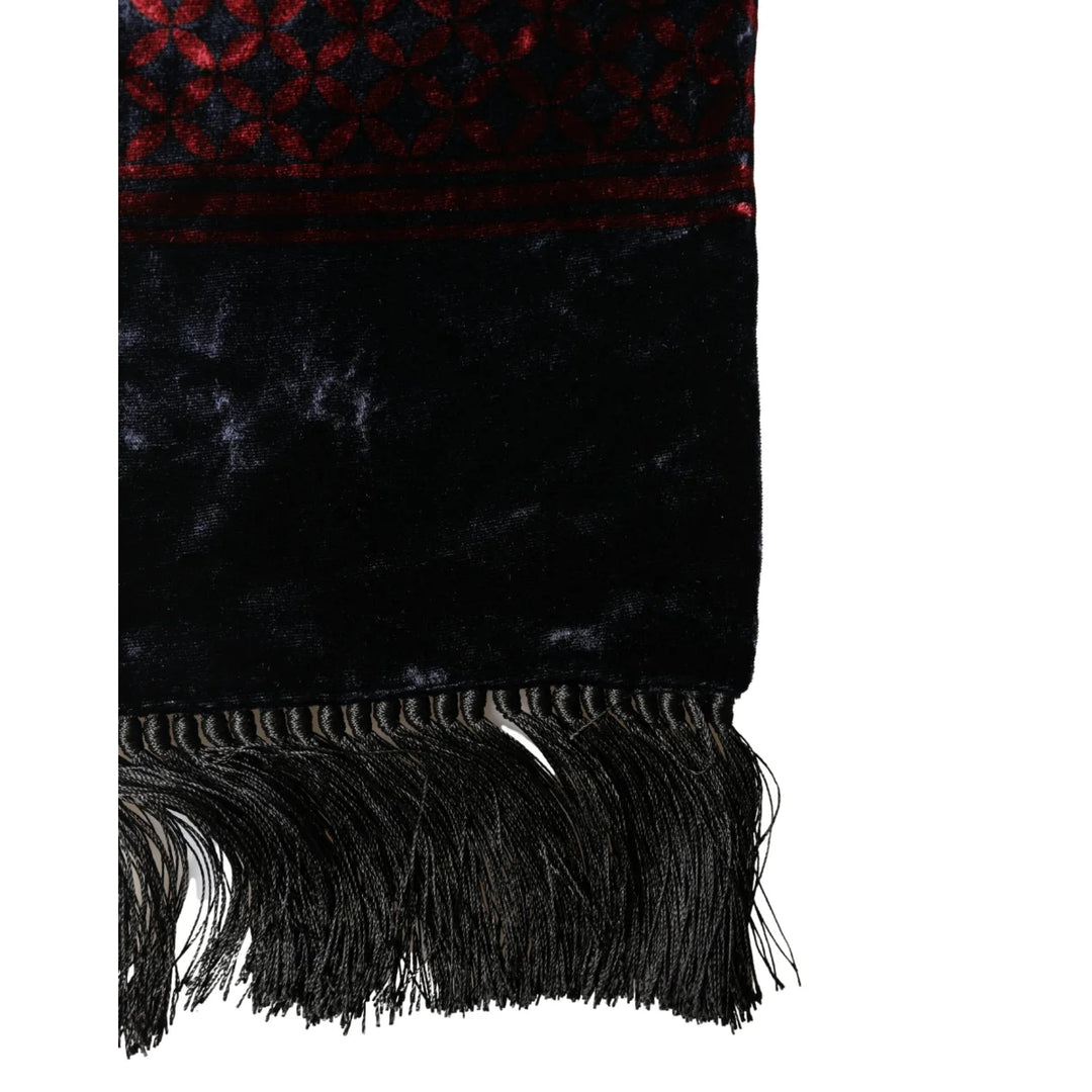 Dolce &amp; Gabbana Black Red Rayon Geometric Pattern Fringe 140cm X 16cm Scarf