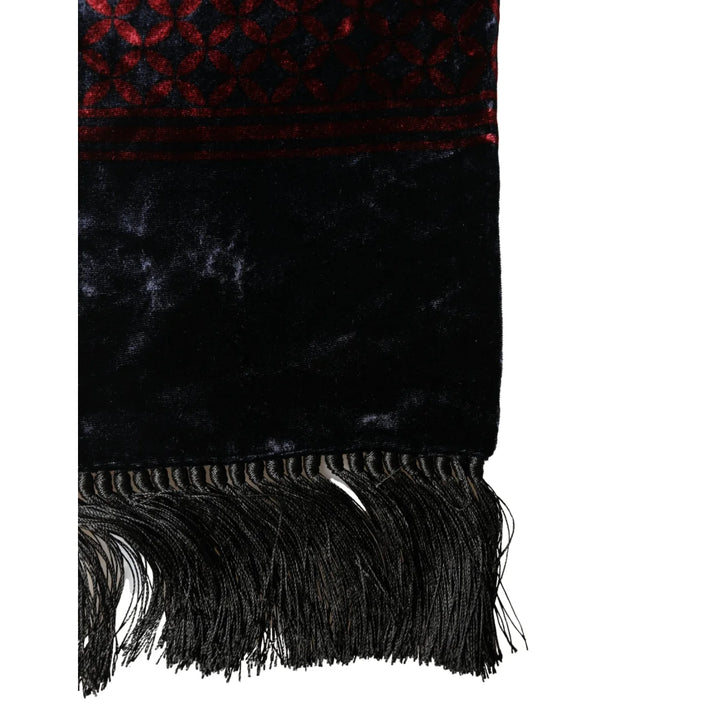 Dolce &amp; Gabbana Black Red Rayon Geometric Pattern Fringe 140cm X 16cm Scarf