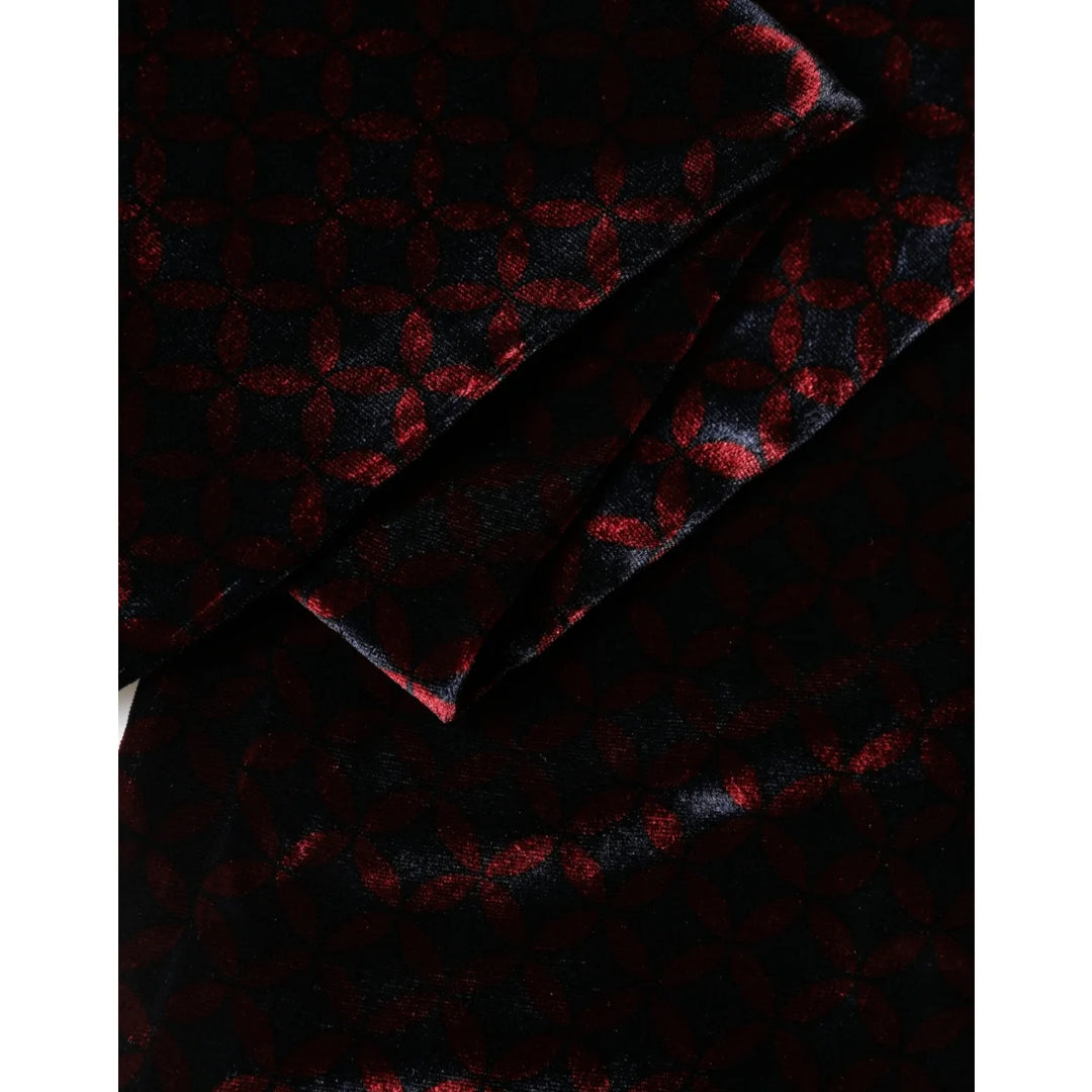 Dolce &amp; Gabbana Black Red Rayon Geometric Pattern Fringe 140cm X 16cm Scarf