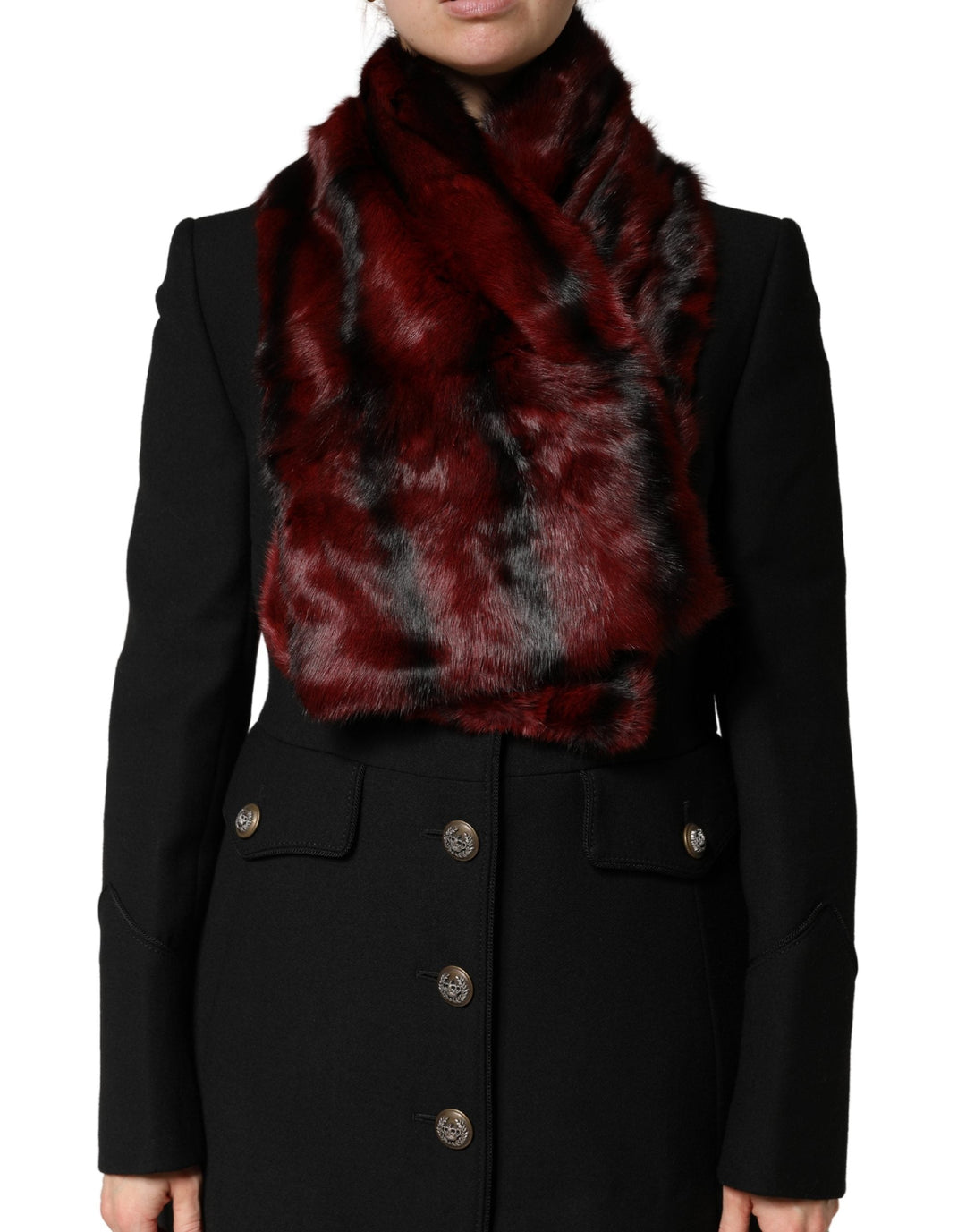 Dolce &amp; Gabbana Black Red Stripe Fur Shawl Neck Wrap Scarf