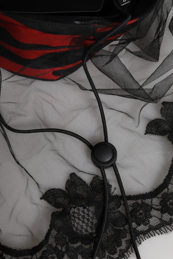 Dolce &amp; Gabbana Black Red Stripes Lace Tulle Bucket Hat