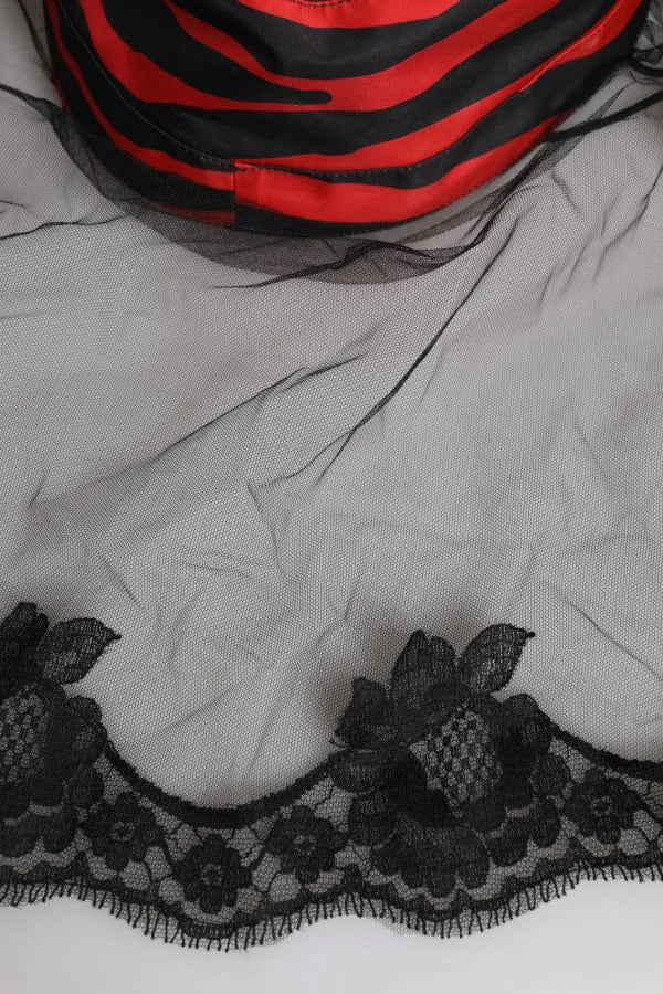 Dolce &amp; Gabbana Black Red Stripes Lace Tulle Bucket Hat