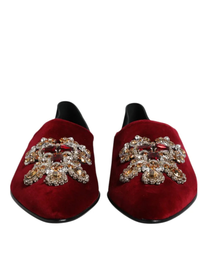 Dolce &amp; Gabbana Black Red Velvet Embellished Slip On Shoes