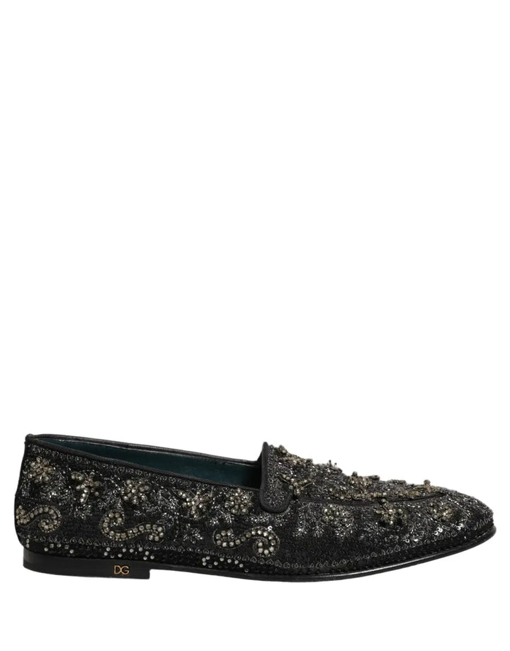 Dolce &amp; Gabbana Black Rhinestone Embellished Loafers Shoes