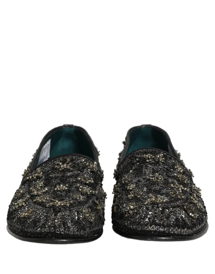 Dolce &amp; Gabbana Black Rhinestone Embellished Loafers Shoes