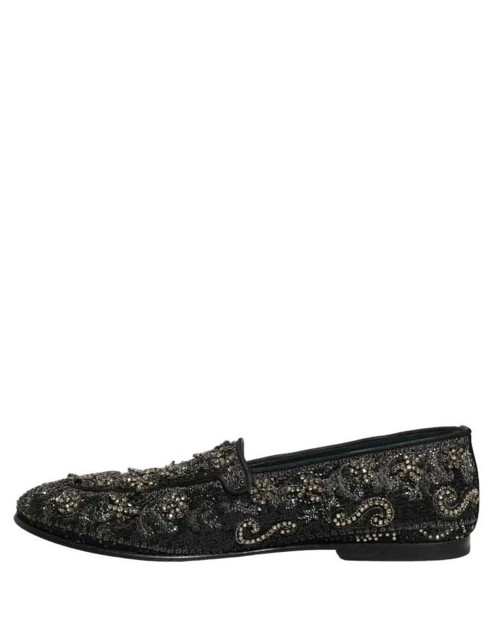 Dolce &amp; Gabbana Black Rhinestone Embellished Loafers Shoes